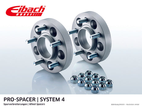 Eibach 18mm Wheel Spacers, 114.3x5 bolt pattern, 67mm center bore, shown with centering collar and attachment parts.