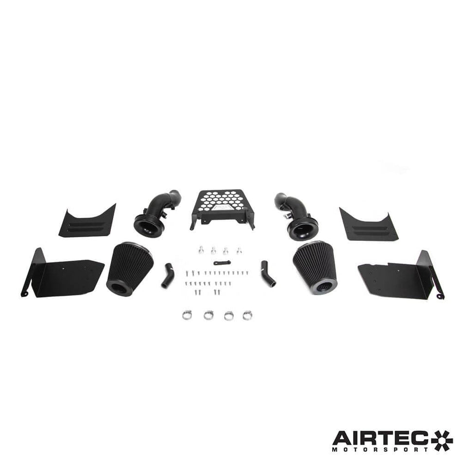 Front view of AIRTEC Motorsport Induction Kit for Aston Martin Vantage V8 showcasing black intake pipes