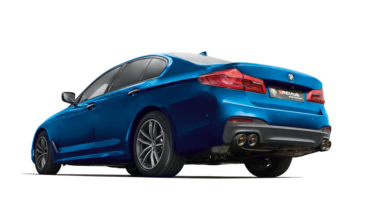 Axle-Back / Cat-Back System for BMW M550i xDrive Racing | 4x 102mm Black Chrome Rolled Edge Tips