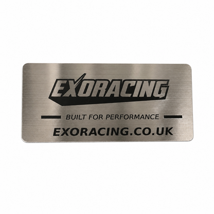 Brushed stainless steel Exoracing logo plate supplied with the weldable exhaust heat shield kit
