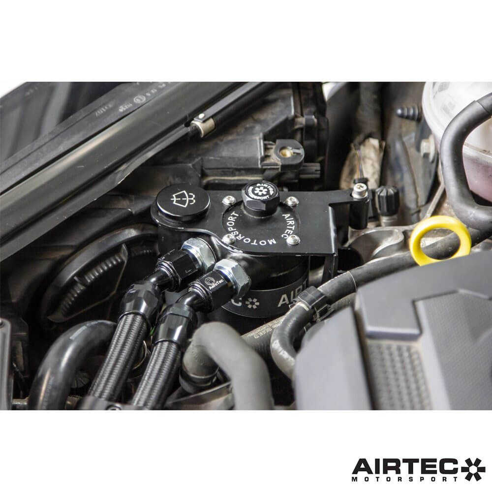 Detailed focus on the high-quality tubes and connectors of the AIRTEC Catch Can Kit